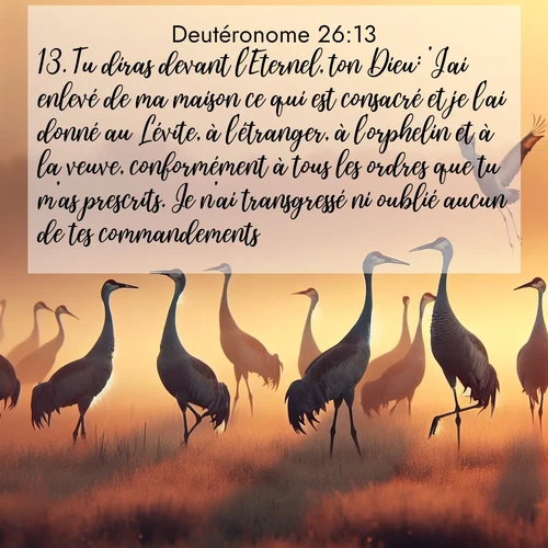 Segond21 Deutéronome  ; image nature: image avec le verset biblique :Tu diras devant l&#039;Eternel, ton Dieu: &#039;J&#039;ai enlevé de ma maison ce qui est consacré et je l&#039;ai donné au Lévite, à l&#039;étranger, à l&#039;orphelin et à la veuve, conformément à tous les ordres que tu m&#039;as prescrits. Je n&#039;ai transgressé ni oublié aucun de tes commandements. ;  ; 26:13