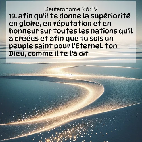 Segond21 Deutéronome  ; image nature: image avec le verset biblique :afin qu&#039;il te donne la supériorité en gloire, en réputation et en honneur sur toutes les nations qu&#039;il a créées et afin que tu sois un peuple saint pour l&#039;Eternel, ton Dieu, comme il te l&#039;a dit.» ;  ; 26:19