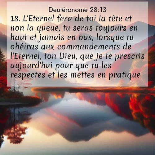 Segond21 Deutéronome  ; image nature: image avec le verset biblique :L&#039;Eternel fera de toi la tête et non la queue, tu seras toujours en haut et jamais en bas, lorsque tu obéiras aux commandements de l&#039;Eternel, ton Dieu, que je te prescris aujourd&#039;hui pour que tu les respectes et les mettes en pratique, ;  ; 28:13
