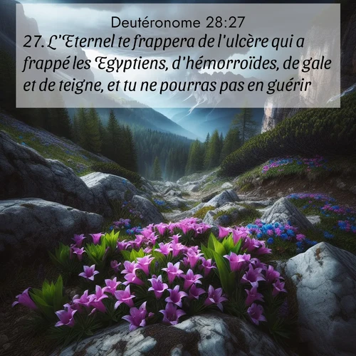 Segond21 Deutéronome  ; image nature: image avec le verset biblique :L&#039;Eternel te frappera de l&#039;ulcère qui a frappé les Egyptiens, d&#039;hémorroïdes, de gale et de teigne, et tu ne pourras pas en guérir. ;  ; 28:27