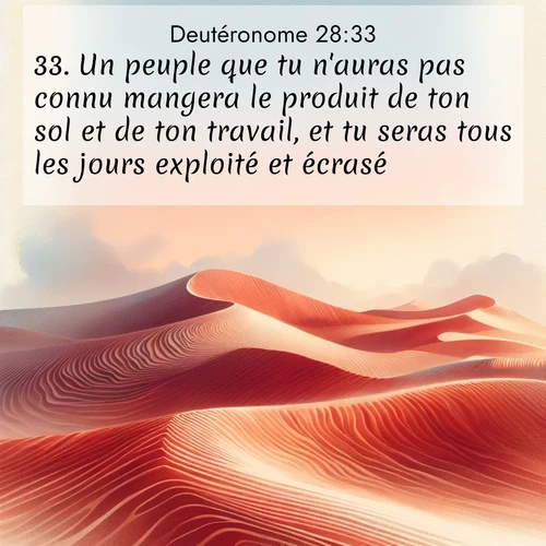 Segond21 Deutéronome  ; image nature: image avec le verset biblique :Un peuple que tu n&#039;auras pas connu mangera le produit de ton sol et de ton travail, et tu seras tous les jours exploité et écrasé. ;  ; 28:33