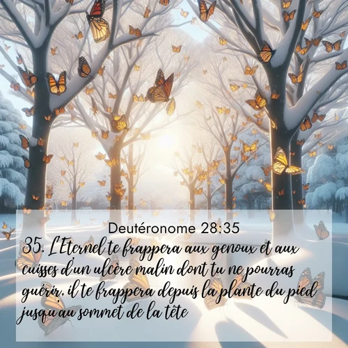 Segond21 Deutéronome  ; image nature: image avec le verset biblique :L&#039;Eternel te frappera aux genoux et aux cuisses d&#039;un ulcère malin dont tu ne pourras guérir, il te frappera depuis la plante du pied jusqu&#039;au sommet de la tête. ;  ; 28:35