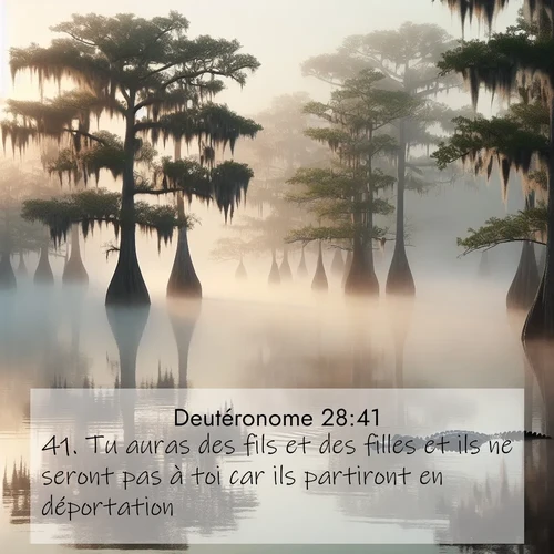 Segond21 Deutéronome  ; image nature: image avec le verset biblique :Tu auras des fils et des filles et ils ne seront pas à toi car ils partiront en déportation. ;  ; 28:41