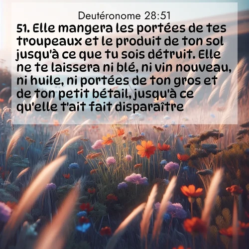 Segond21 Deutéronome  ; image nature: image avec le verset biblique :Elle mangera les portées de tes troupeaux et le produit de ton sol jusqu&#039;à ce que tu sois détruit. Elle ne te laissera ni blé, ni vin nouveau, ni huile, ni portées de ton gros et de ton petit bétail, jusqu&#039;à ce qu&#039;elle t&#039;ait fait disparaître. ;  ; 28:51
