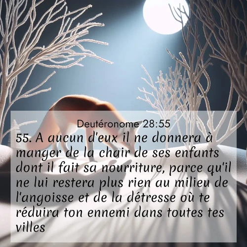 Segond21 Deutéronome  ; image nature: image avec le verset biblique :A aucun d&#039;eux il ne donnera à manger de la chair de ses enfants dont il fait sa nourriture, parce qu&#039;il ne lui restera plus rien au milieu de l&#039;angoisse et de la détresse où te réduira ton ennemi dans toutes tes villes. ;  ; 28:55