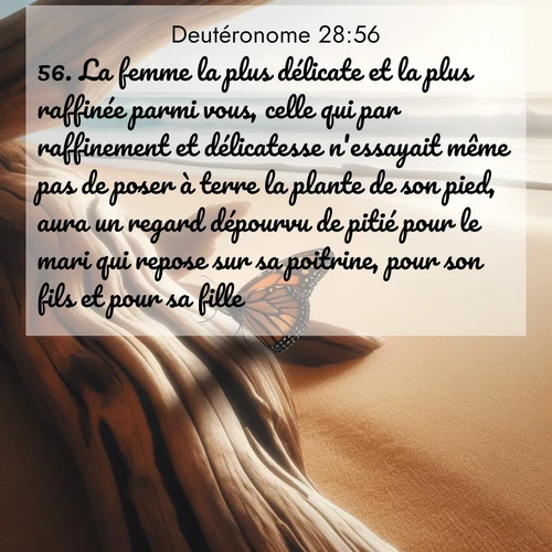 Segond21 Deutéronome  ; image nature: image avec le verset biblique :La femme la plus délicate et la plus raffinée parmi vous, celle qui par raffinement et délicatesse n&#039;essayait même pas de poser à terre la plante de son pied, aura un regard dépourvu de pitié pour le mari qui repose sur sa poitrine, pour son fils et pour sa fille, ;  ; 28:56