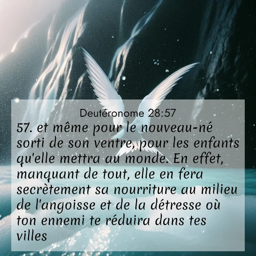 Segond21 Deutéronome  ; image nature: image avec le verset biblique :et même pour le nouveau-né sorti de son ventre, pour les enfants qu&#039;elle mettra au monde. En effet, manquant de tout, elle en fera secrètement sa nourriture au milieu de l&#039;angoisse et de la détresse où ton ennemi te réduira dans tes villes. ;  ; 28:57