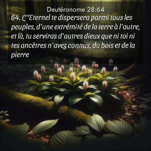 Segond21 Deutéronome  ; image nature: image avec le verset biblique :L&#039;Eternel te dispersera parmi tous les peuples, d&#039;une extrémité de la terre à l&#039;autre, et là, tu serviras d&#039;autres dieux que ni toi ni tes ancêtres n&#039;avez connus, du bois et de la pierre. ;  ; 28:64