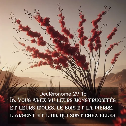 Segond21 Deutéronome  ; image nature: image avec le verset biblique :Vous avez vu leurs monstruosités et leurs idoles, le bois et la pierre, l&#039;argent et l&#039;or, qui sont chez elles. ;  ; 29:16
