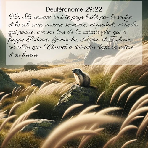 Segond21 Deutéronome  ; image nature: image avec le verset biblique :Ils verront tout le pays brûlé par le soufre et le sel, sans aucune semence, ni produit, ni herbe qui pousse, comme lors de la catastrophe qui a frappé Sodome, Gomorrhe, Adma et Tseboïm, ces villes que l&#039;Eternel a détruites dans sa colère et sa fureur, ;  ; 29:22