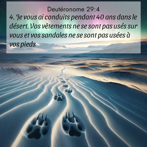 Segond21 Deutéronome  ; image nature: image avec le verset biblique :Je vous ai conduits pendant 40 ans dans le désert. Vos vêtements ne se sont pas usés sur vous et vos sandales ne se sont pas usées à vos pieds. ;  ; 29:4