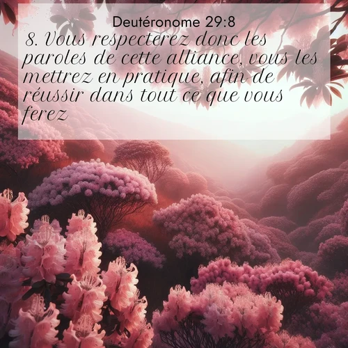 Segond21 Deutéronome  ; image nature: image avec le verset biblique :Vous respecterez donc les paroles de cette alliance, vous les mettrez en pratique, afin de réussir dans tout ce que vous ferez. ;  ; 29:8