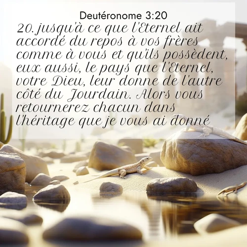 Segond21 Deutéronome  ; image nature: image avec le verset biblique :jusqu&#039;à ce que l&#039;Eternel ait accordé du repos à vos frères comme à vous et qu&#039;ils possèdent, eux aussi, le pays que l&#039;Eternel, votre Dieu, leur donne de l&#039;autre côté du Jourdain. Alors vous retournerez chacun dans l&#039;héritage que je vous ai donné.&#039; ;  ; 3:20