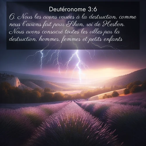 Segond21 Deutéronome  ; image nature: image avec le verset biblique :Nous les avons vouées à la destruction, comme nous l&#039;avions fait pour Sihon, roi de Hesbon. Nous avons consacré toutes les villes par la destruction, hommes, femmes et petits enfants. ;  ; 3:6