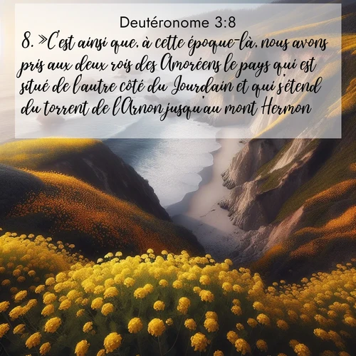 Segond21 Deutéronome  ; image nature: image avec le verset biblique :»C&#039;est ainsi que, à cette époque-là, nous avons pris aux deux rois des Amoréens le pays qui est situé de l&#039;autre côté du Jourdain et qui s&#039;étend du torrent de l&#039;Arnon jusqu&#039;au mont Hermon. ;  ; 3:8