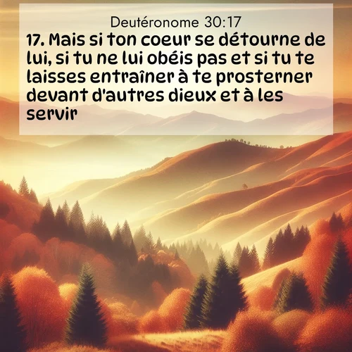 Segond21 Deutéronome  ; image nature: image avec le verset biblique :Mais si ton coeur se détourne de lui, si tu ne lui obéis pas et si tu te laisses entraîner à te prosterner devant d&#039;autres dieux et à les servir, ;  ; 30:17