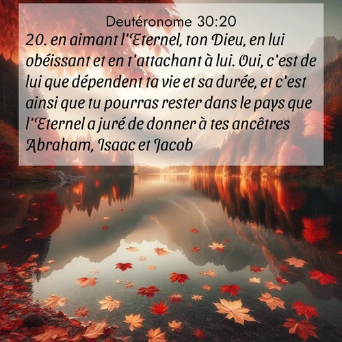 Segond21 Deutéronome  ; image nature: image avec le verset biblique :en aimant l&#039;Eternel, ton Dieu, en lui obéissant et en t&#039;attachant à lui. Oui, c&#039;est de lui que dépendent ta vie et sa durée, et c&#039;est ainsi que tu pourras rester dans le pays que l&#039;Eternel a juré de donner à tes ancêtres Abraham, Isaac et Jacob.» ;  ; 30:20