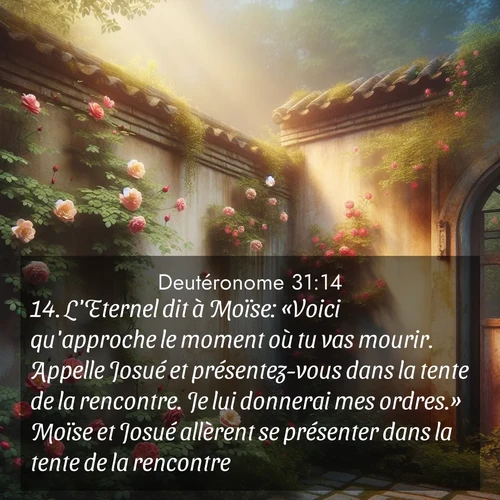 Segond21 Deutéronome  ; image nature: image avec le verset biblique :L&#039;Eternel dit à Moïse: «Voici qu&#039;approche le moment où tu vas mourir. Appelle Josué et présentez-vous dans la tente de la rencontre. Je lui donnerai mes ordres.» Moïse et Josué allèrent se présenter dans la tente de la rencontre. ;  ; 31:14