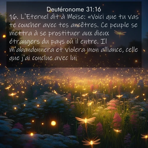 Segond21 Deutéronome  ; image nature: image avec le verset biblique :L&#039;Eternel dit à Moïse: «Voici que tu vas te coucher avec tes ancêtres. Ce peuple se mettra à se prostituer aux dieux étrangers du pays où il entre. Il m&#039;abandonnera et violera mon alliance, celle que j&#039;ai conclue avec lui. ;  ; 31:16