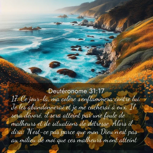Segond21 Deutéronome  ; image nature: image avec le verset biblique :Ce jour-là, ma colère s&#039;enflammera contre lui. Je les abandonnerai et je me cacherai à eux. Il sera dévoré, il sera atteint par une foule de malheurs et de situations de détresse. Alors il dira: &#039;N&#039;est-ce pas parce que mon Dieu n&#039;est pas au milieu de moi que ces malheurs m&#039;ont atteint?&#039; ;  ; 31:17