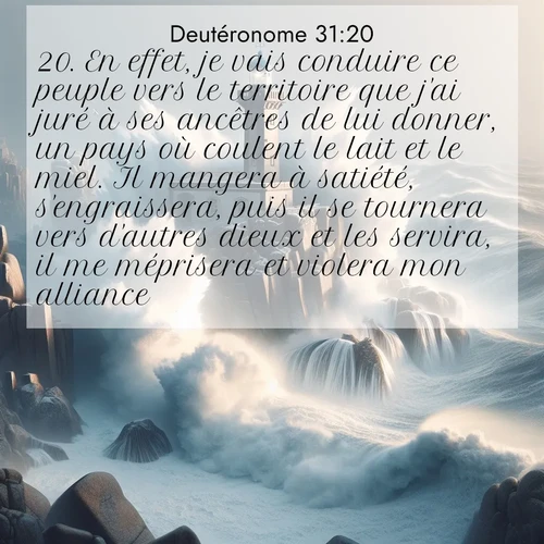 Segond21 Deutéronome  ; image nature: image avec le verset biblique :En effet, je vais conduire ce peuple vers le territoire que j&#039;ai juré à ses ancêtres de lui donner, un pays où coulent le lait et le miel. Il mangera à satiété, s&#039;engraissera, puis il se tournera vers d&#039;autres dieux et les servira, il me méprisera et violera mon alliance. ;  ; 31:20