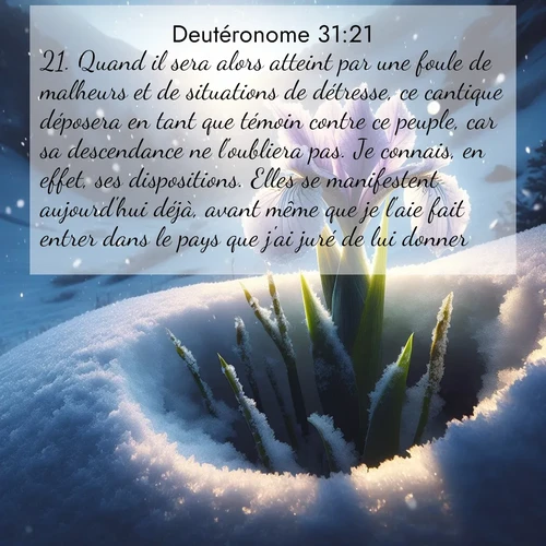 Segond21 Deutéronome  ; image nature: image avec le verset biblique :Quand il sera alors atteint par une foule de malheurs et de situations de détresse, ce cantique déposera en tant que témoin contre ce peuple, car sa descendance ne l&#039;oubliera pas. Je connais, en effet, ses dispositions. Elles se manifestent aujourd&#039;hui déjà, avant même que je l&#039;aie fait entrer dans le pays que j&#039;ai juré de lui donner.» ;  ; 31:21