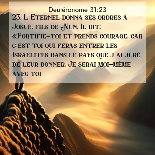 Segond21 Deutéronome  ; image nature: image avec le verset biblique :L&#039;Eternel donna ses ordres à Josué, fils de Nun. Il dit: «Fortifie-toi et prends courage, car c&#039;est toi qui feras entrer les Israélites dans le pays que j&#039;ai juré de leur donner. Je serai moi-même avec toi.» ;  ; 31:23