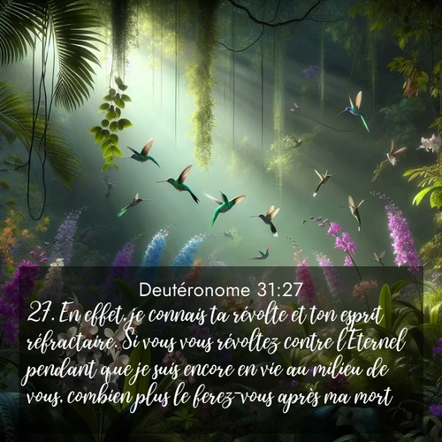 Segond21 Deutéronome  ; image nature: image avec le verset biblique :En effet, je connais ta révolte et ton esprit réfractaire. Si vous vous révoltez contre l&#039;Eternel pendant que je suis encore en vie au milieu de vous, combien plus le ferez-vous après ma mort! ;  ; 31:27