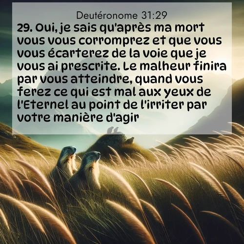 Segond21 Deutéronome  ; image nature: image avec le verset biblique :Oui, je sais qu&#039;après ma mort vous vous corromprez et que vous vous écarterez de la voie que je vous ai prescrite. Le malheur finira par vous atteindre, quand vous ferez ce qui est mal aux yeux de l&#039;Eternel au point de l&#039;irriter par votre manière d&#039;agir.» ;  ; 31:29