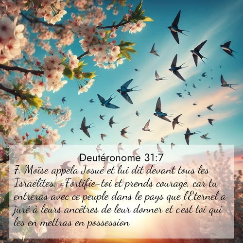 Segond21 Deutéronome  ; image nature: image avec le verset biblique :Moïse appela Josué et lui dit devant tous les Israélites: «Fortifie-toi et prends courage, car tu entreras avec ce peuple dans le pays que l&#039;Eternel a juré à leurs ancêtres de leur donner et c&#039;est toi qui les en mettras en possession. ;  ; 31:7