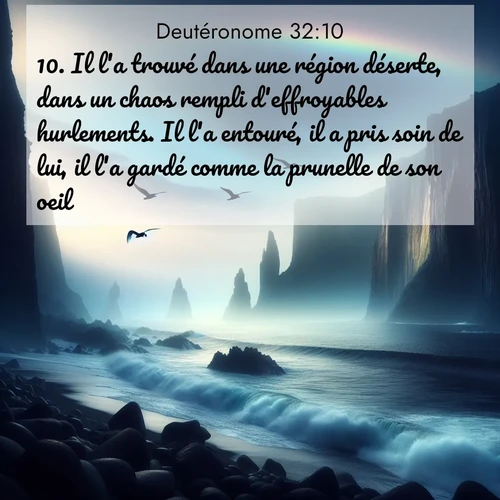 Segond21 Deutéronome  ; image nature: image avec le verset biblique :Il l&#039;a trouvé dans une région déserte, dans un chaos rempli d&#039;effroyables hurlements. Il l&#039;a entouré, il a pris soin de lui, il l&#039;a gardé comme la prunelle de son oeil. ;  ; 32:10