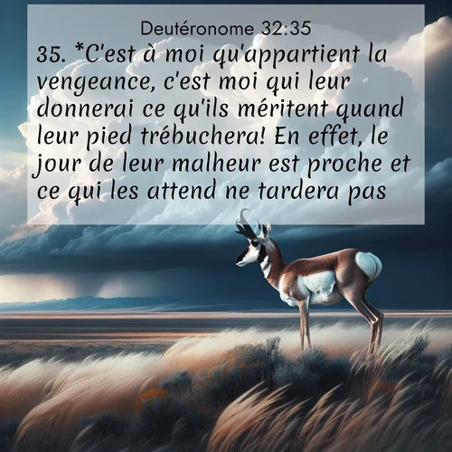 Segond21 Deutéronome  ; image nature: image avec le verset biblique :*C&#039;est à moi qu&#039;appartient la vengeance, c&#039;est moi qui leur donnerai ce qu&#039;ils méritent quand leur pied trébuchera! En effet, le jour de leur malheur est proche et ce qui les attend ne tardera pas. ;  ; 32:35