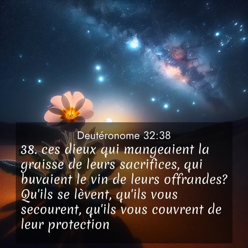 Segond21 Deutéronome  ; image nature: image avec le verset biblique :ces dieux qui mangeaient la graisse de leurs sacrifices, qui buvaient le vin de leurs offrandes? Qu&#039;ils se lèvent, qu&#039;ils vous secourent, qu&#039;ils vous couvrent de leur protection! ;  ; 32:38