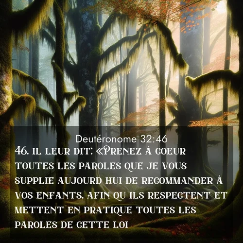 Segond21 Deutéronome  ; image nature: image avec le verset biblique :il leur dit: «Prenez à coeur toutes les paroles que je vous supplie aujourd&#039;hui de recommander à vos enfants, afin qu&#039;ils respectent et mettent en pratique toutes les paroles de cette loi. ;  ; 32:46