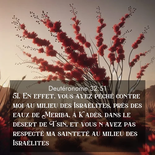 Segond21 Deutéronome  ; image nature: image avec le verset biblique :En effet, vous avez péché contre moi au milieu des Israélites, près des eaux de Meriba, à Kadès, dans le désert de Tsin, et vous n&#039;avez pas respecté ma sainteté au milieu des Israélites. ;  ; 32:51