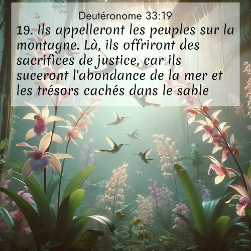 Segond21 Deutéronome  ; image nature: image avec le verset biblique :Ils appelleront les peuples sur la montagne. Là, ils offriront des sacrifices de justice, car ils suceront l&#039;abondance de la mer et les trésors cachés dans le sable.» ;  ; 33:19