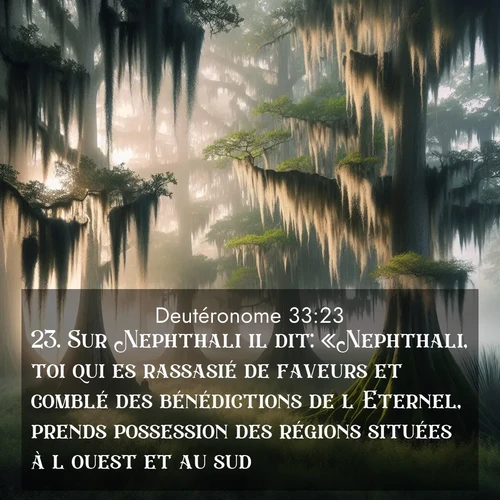 Segond21 Deutéronome  ; image nature: image avec le verset biblique :Sur Nephthali il dit: «Nephthali, toi qui es rassasié de faveurs et comblé des bénédictions de l&#039;Eternel, prends possession des régions situées à l&#039;ouest et au sud!» ;  ; 33:23