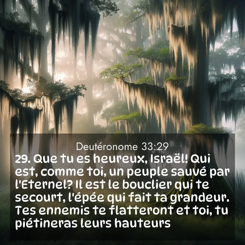 Segond21 Deutéronome  ; image nature: image avec le verset biblique :Que tu es heureux, Israël! Qui est, comme toi, un peuple sauvé par l&#039;Eternel? Il est le bouclier qui te secourt, l&#039;épée qui fait ta grandeur. Tes ennemis te flatteront et toi, tu piétineras leurs hauteurs.» ;  ; 33:29