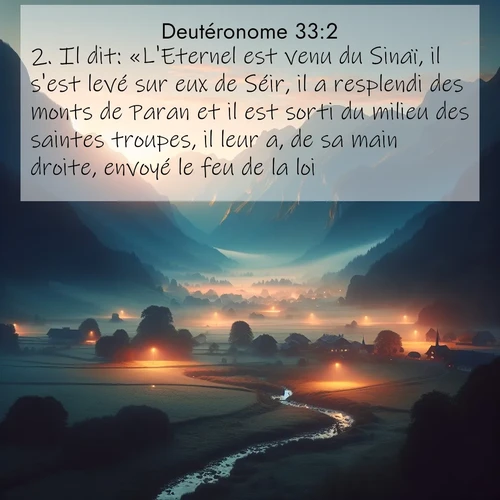 Segond21 Deutéronome  ; image nature: image avec le verset biblique :Il dit: «L&#039;Eternel est venu du Sinaï, il s&#039;est levé sur eux de Séir, il a resplendi des monts de Paran et il est sorti du milieu des saintes troupes, il leur a, de sa main droite, envoyé le feu de la loi. ;  ; 33:2