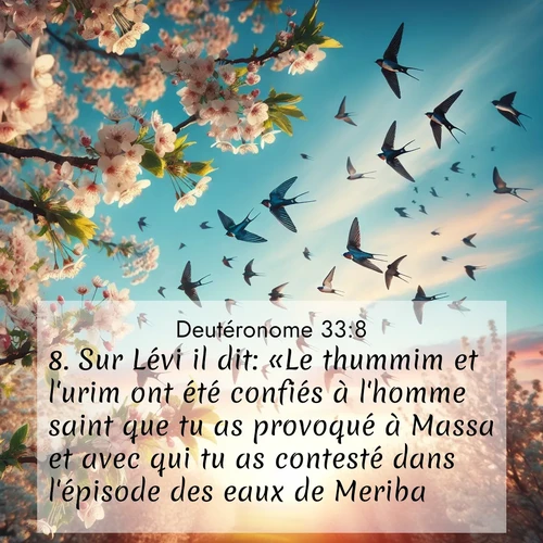 Segond21 Deutéronome  ; image nature: image avec le verset biblique :Sur Lévi il dit: «Le thummim et l&#039;urim ont été confiés à l&#039;homme saint que tu as provoqué à Massa et avec qui tu as contesté dans l&#039;épisode des eaux de Meriba. ;  ; 33:8