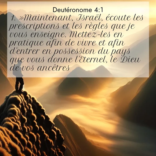 Segond21 Deutéronome  ; image nature: image avec le verset biblique :»Maintenant, Israël, écoute les prescriptions et les règles que je vous enseigne. Mettez-les en pratique afin de vivre et afin d&#039;entrer en possession du pays que vous donne l&#039;Eternel, le Dieu de vos ancêtres. ;  ; 4:1