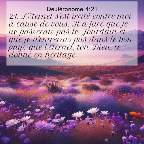 Segond21 Deutéronome  ; image nature: image avec le verset biblique :L&#039;Eternel s&#039;est irrité contre moi à cause de vous. Il a juré que je ne passerais pas le Jourdain et que je n&#039;entrerais pas dans le bon pays que l&#039;Eternel, ton Dieu, te donne en héritage. ;  ; 4:21