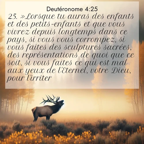 Segond21 Deutéronome  ; image nature: image avec le verset biblique :»Lorsque tu auras des enfants et des petits-enfants et que vous vivrez depuis longtemps dans ce pays, si vous vous corrompez, si vous faites des sculptures sacrées, des représentations de quoi que ce soit, si vous faites ce qui est mal aux yeux de l&#039;Eternel, votre Dieu, pour l&#039;irriter ;  ; 4:25