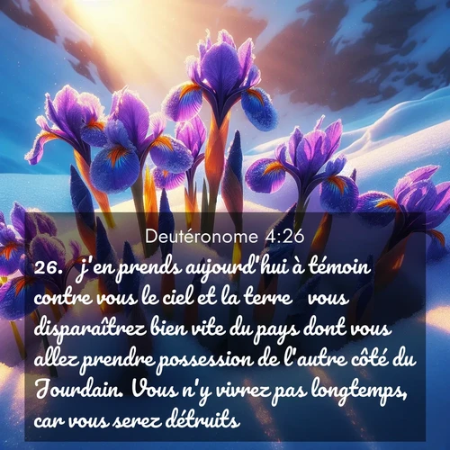 Segond21 Deutéronome  ; image nature: image avec le verset biblique : j&#039;en prends aujourd&#039;hui à témoin contre vous le ciel et la terre  vous disparaîtrez bien vite du pays dont vous allez prendre possession de l&#039;autre côté du Jourdain. Vous n&#039;y vivrez pas longtemps, car vous serez détruits. ;  ; 4:26