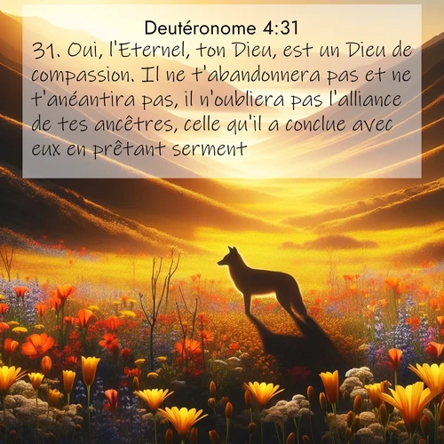 Segond21 Deutéronome  ; image nature: image avec le verset biblique :Oui, l&#039;Eternel, ton Dieu, est un Dieu de compassion. Il ne t&#039;abandonnera pas et ne t&#039;anéantira pas, il n&#039;oubliera pas l&#039;alliance de tes ancêtres, celle qu&#039;il a conclue avec eux en prêtant serment. ;  ; 4:31