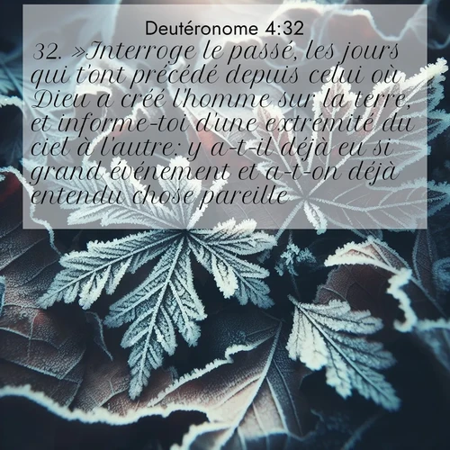 Segond21 Deutéronome  ; image nature: image avec le verset biblique :»Interroge le passé, les jours qui t&#039;ont précédé depuis celui où Dieu a créé l&#039;homme sur la terre, et informe-toi d&#039;une extrémité du ciel à l&#039;autre: y a-t-il déjà eu si grand événement et a-t-on déjà entendu chose pareille? ;  ; 4:32