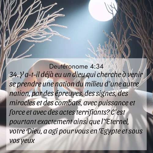 Segond21 Deutéronome  ; image nature: image avec le verset biblique :Y a-t-il déjà eu un dieu qui cherche à venir se prendre une nation du milieu d&#039;une autre nation, par des épreuves, des signes, des miracles et des combats, avec puissance et force et avec des actes terrifiants? C&#039;est pourtant exactement ainsi que l&#039;Eternel, votre Dieu, a agi pour vous en Egypte et sous vos yeux. ;  ; 4:34