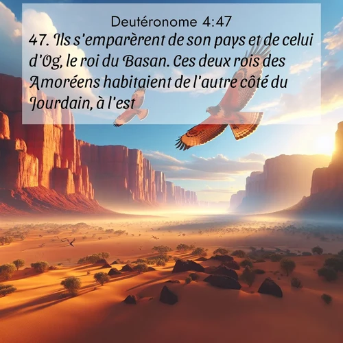 Segond21 Deutéronome  ; image nature: image avec le verset biblique :Ils s&#039;emparèrent de son pays et de celui d&#039;Og, le roi du Basan. Ces deux rois des Amoréens habitaient de l&#039;autre côté du Jourdain, à l&#039;est. ;  ; 4:47