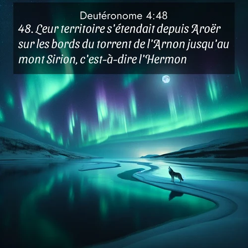 Segond21 Deutéronome  ; image nature: image avec le verset biblique :Leur territoire s&#039;étendait depuis Aroër sur les bords du torrent de l&#039;Arnon jusqu&#039;au mont Sirion, c&#039;est-à-dire l&#039;Hermon, ;  ; 4:48