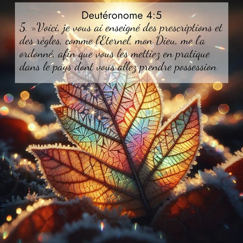 Segond21 Deutéronome  ; image nature: image avec le verset biblique :»Voici, je vous ai enseigné des prescriptions et des règles, comme l&#039;Eternel, mon Dieu, me l&#039;a ordonné, afin que vous les mettiez en pratique dans le pays dont vous allez prendre possession. ;  ; 4:5
